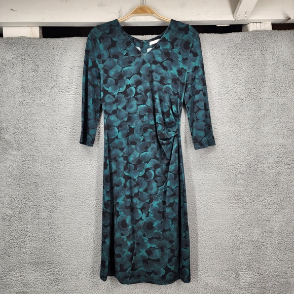BOSS Hugo Boss Dresses & Skirts - Hugo Boss Teal Black‎ Abstract Print Ruched V-Neck Sheath Dress 3/4 Sleeve
